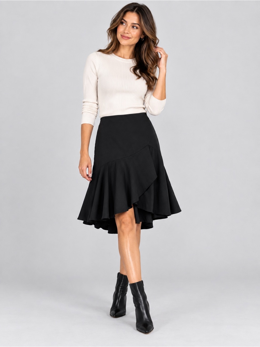 Ann Taylor LOFT Size 8 Black 100% Wool Asymmetrical Ruffle High Low Skirt